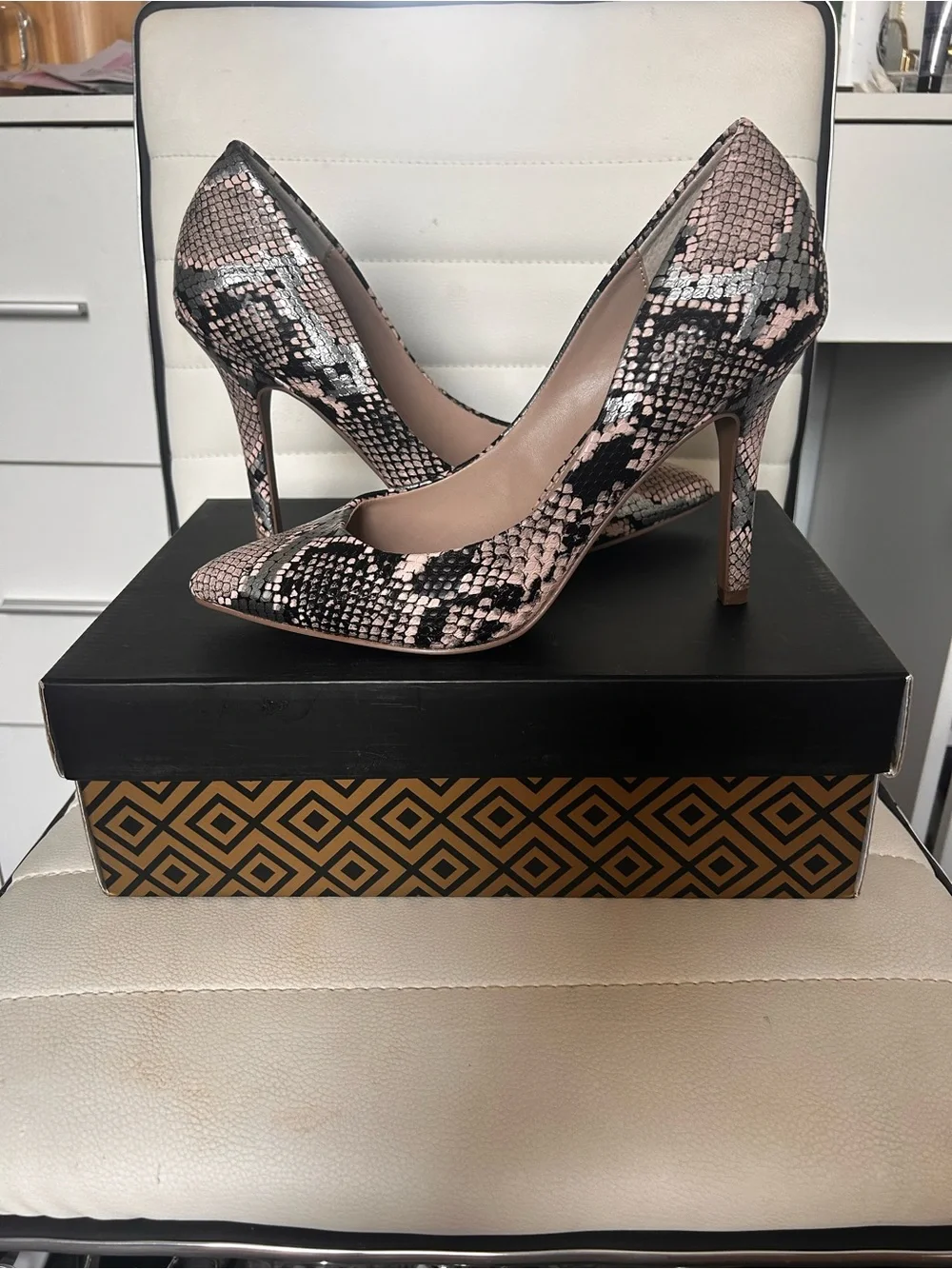 Charles by Charles David Snake-Print Pointed Toe Pumps in Pink and Black